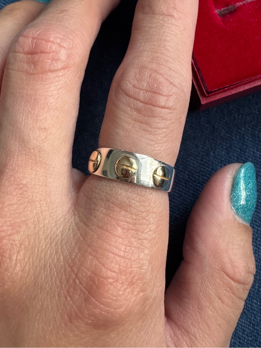 14k Yellow Gold & Sterling Silver Screw Heads Band Ring Size 6